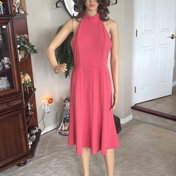 Donna Morgan Coral Tailored Midi Dress Halter Mock Neck Sleeveless Fit & Flare - Picture 2 of 16